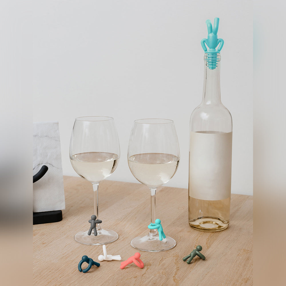 UMBRA Drinking Buddy Wine Bottle Stopper & Six Wine Glass Markers, Assorted