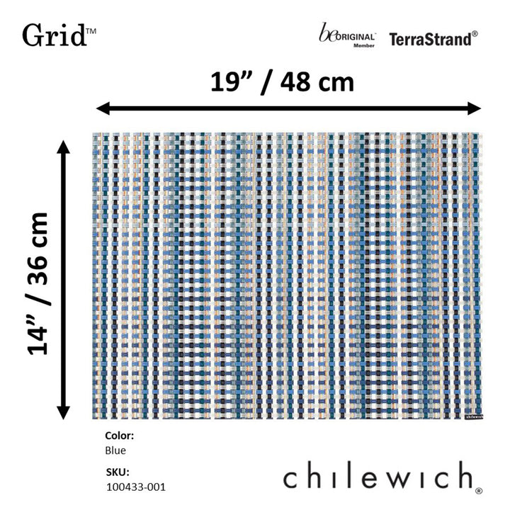 CHILEWICH TerraStrand Microban Grid Tenunan Tikar Meja 36 x 48 cm, Biru